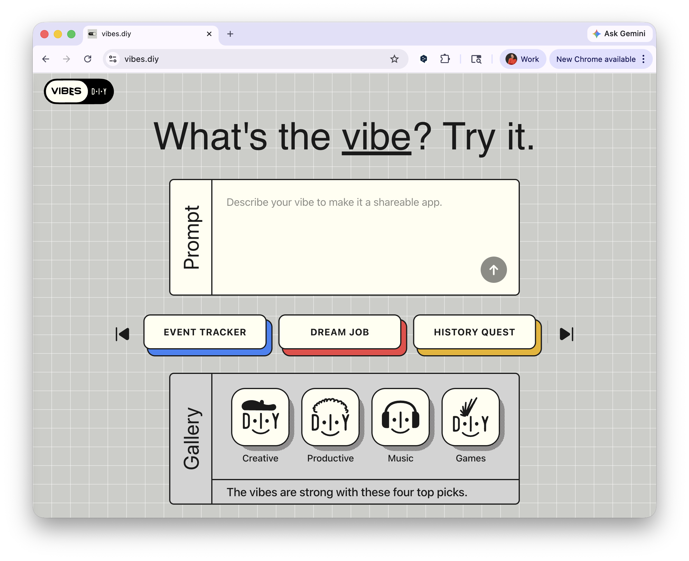 vibes.diy homepage — What's the vibe? Try it.