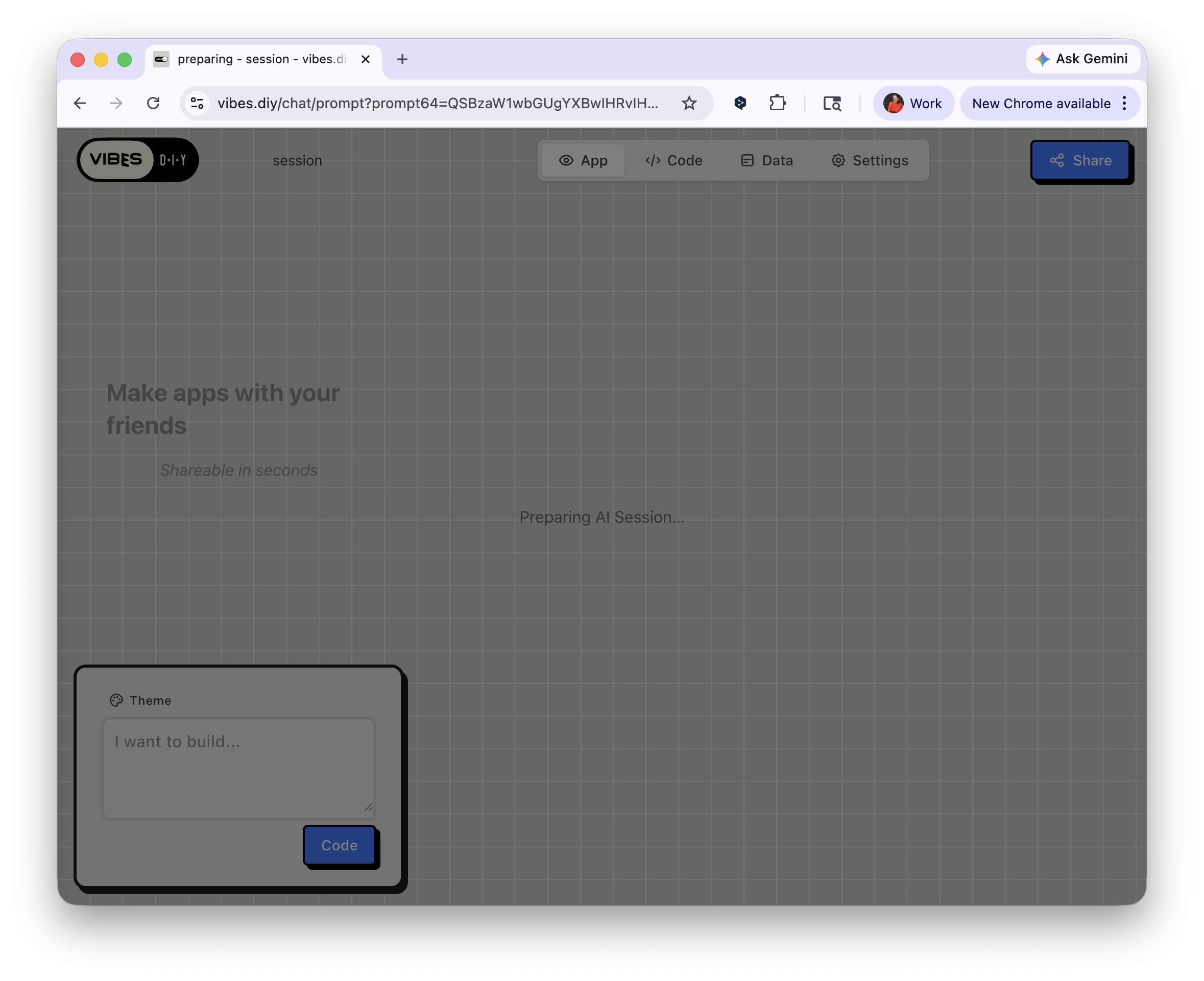 Preparing AI session — the builder interface loading