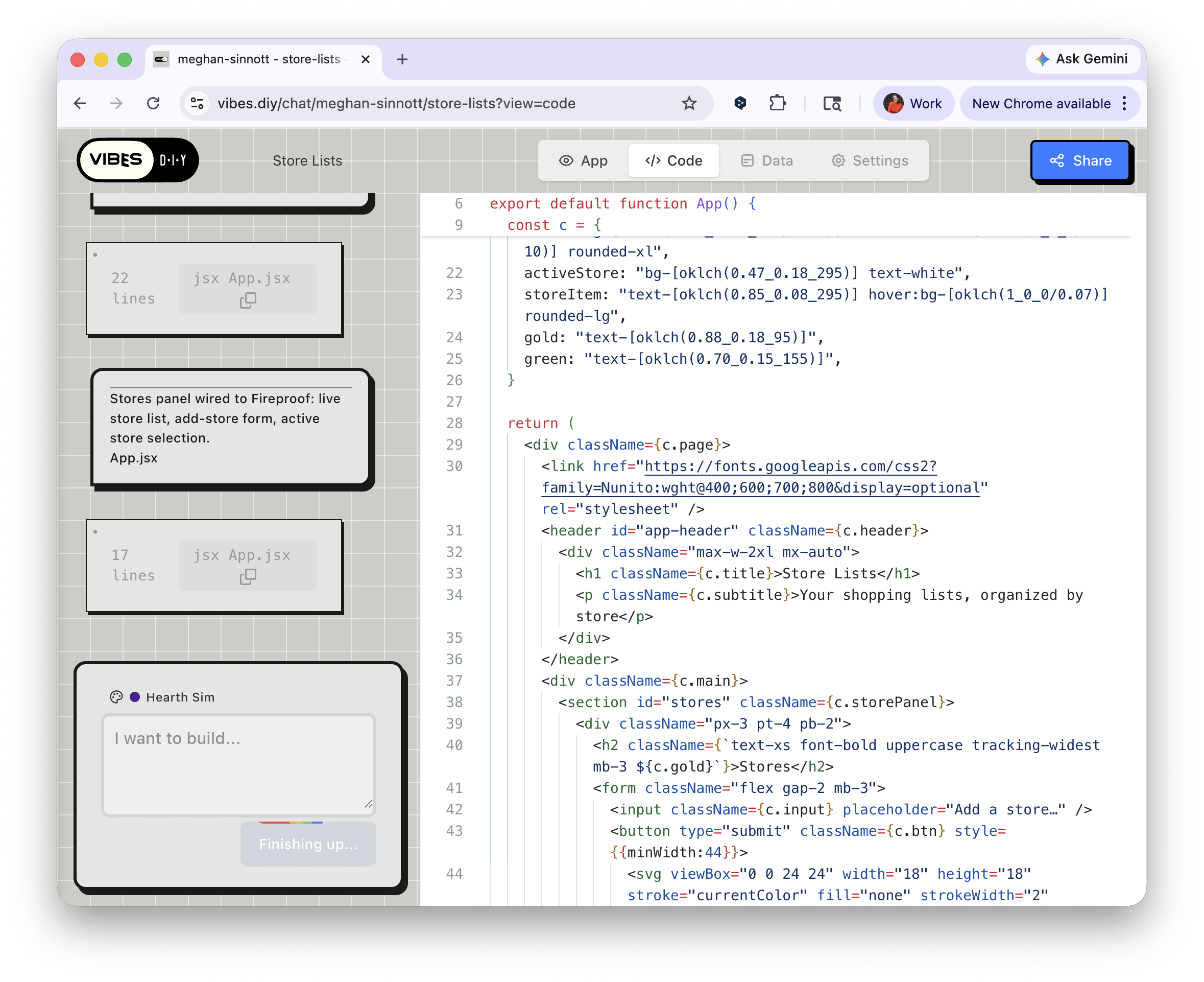 Code being written in the Code tab as the app builds