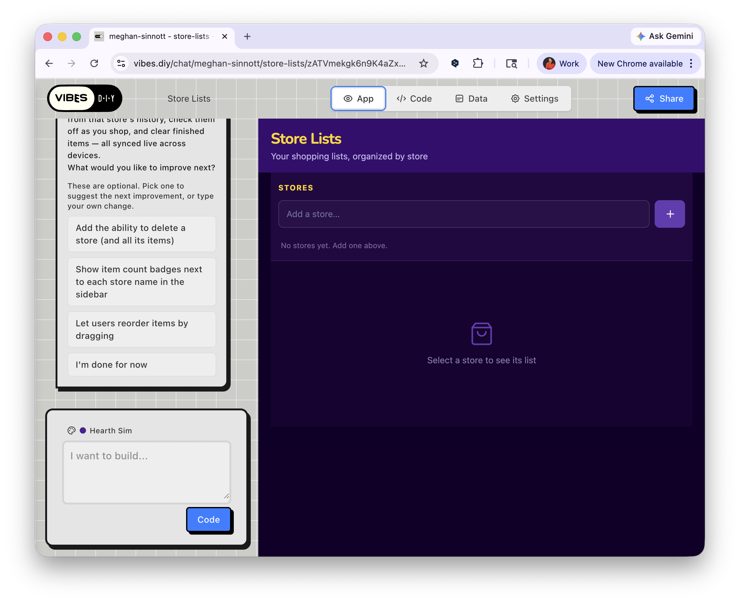 App running live in the preview pane with AI suggestions for next improvements