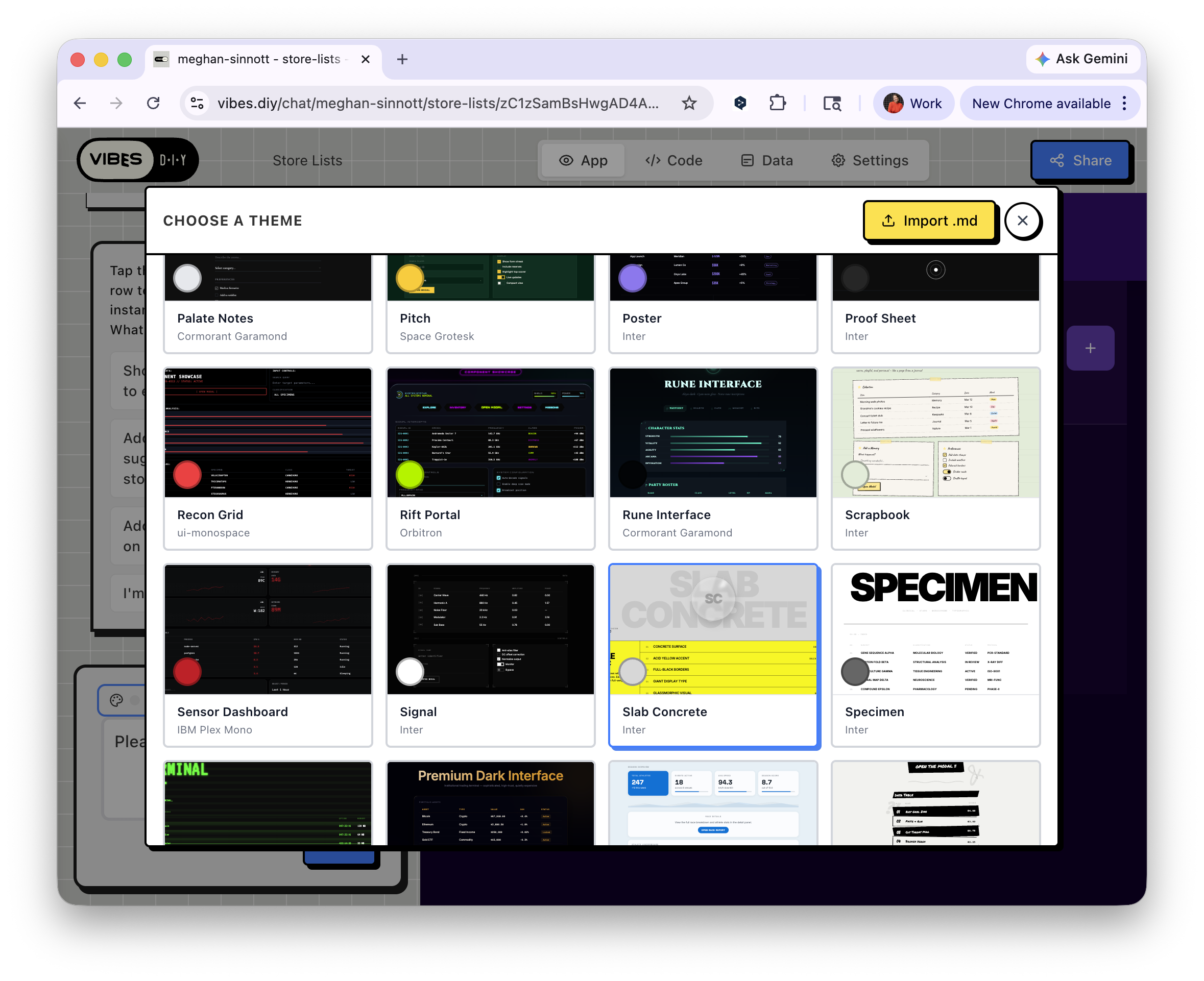 Theme picker open showing dozens of visual styles