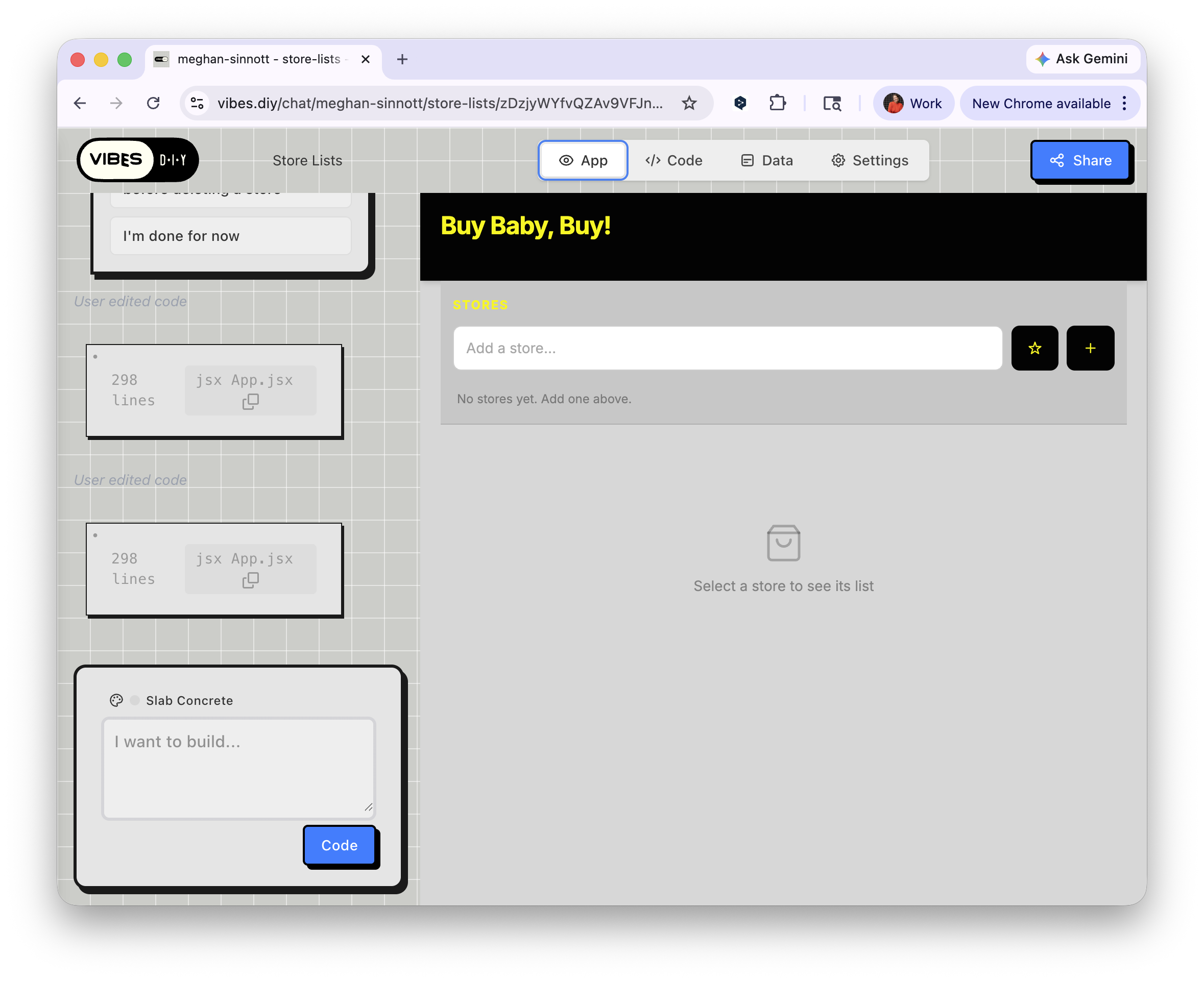 App restyled as Buy Baby Buy with Slab Concrete theme — black header, yellow text