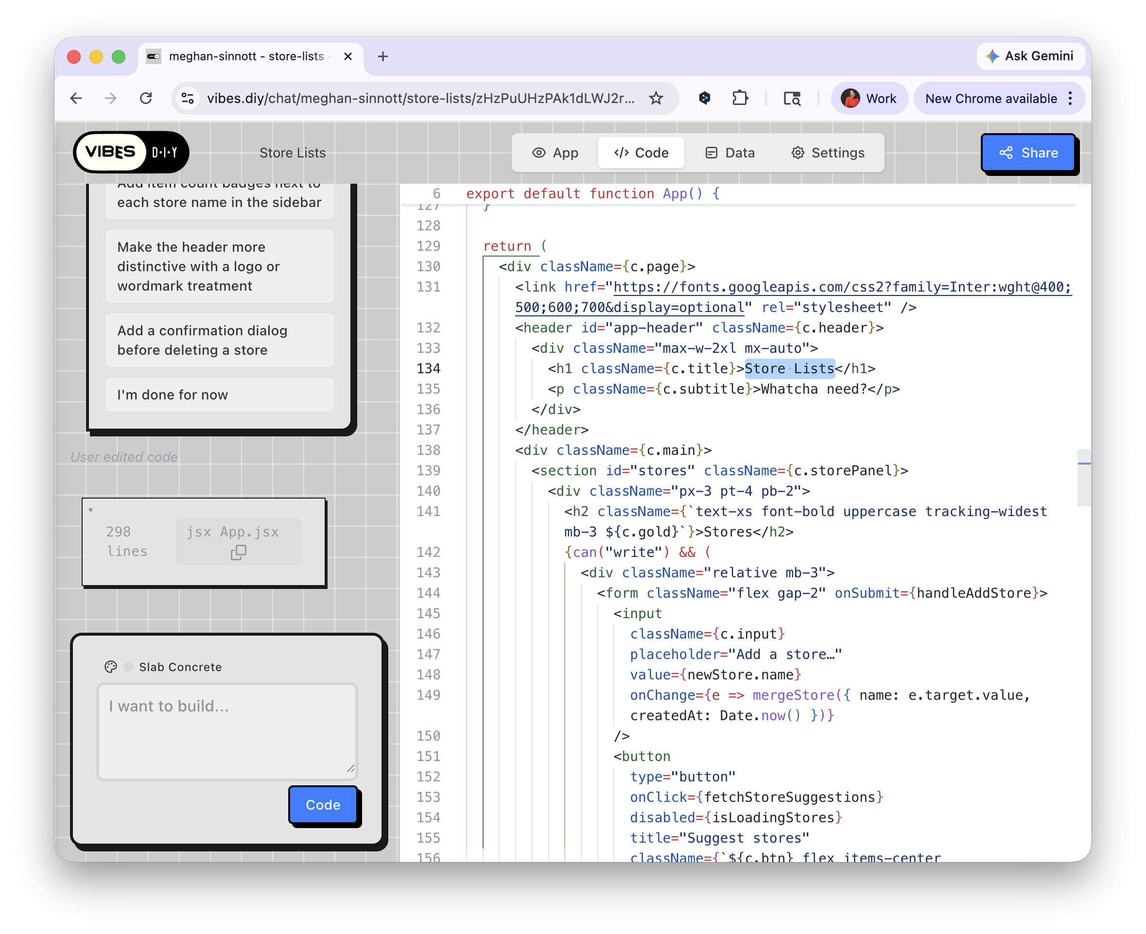 Code editor view showing the full App.jsx source with the app title editable