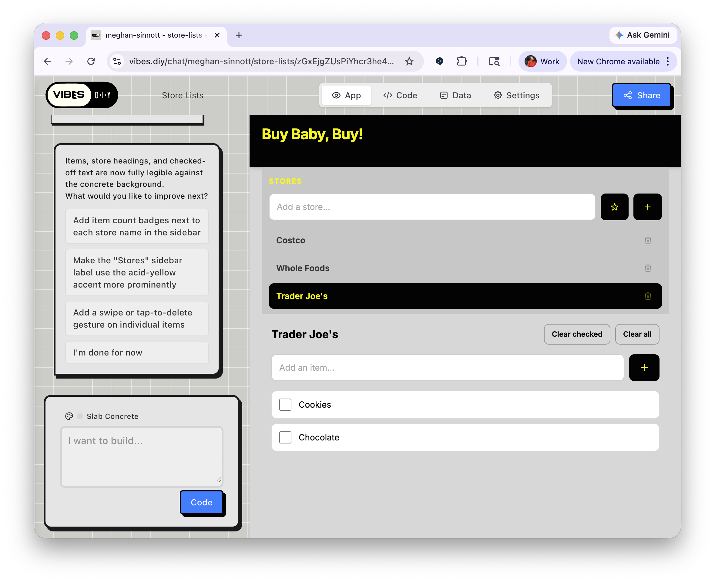 Fixed — list items now legible with Cookies and Chocolate clearly visible