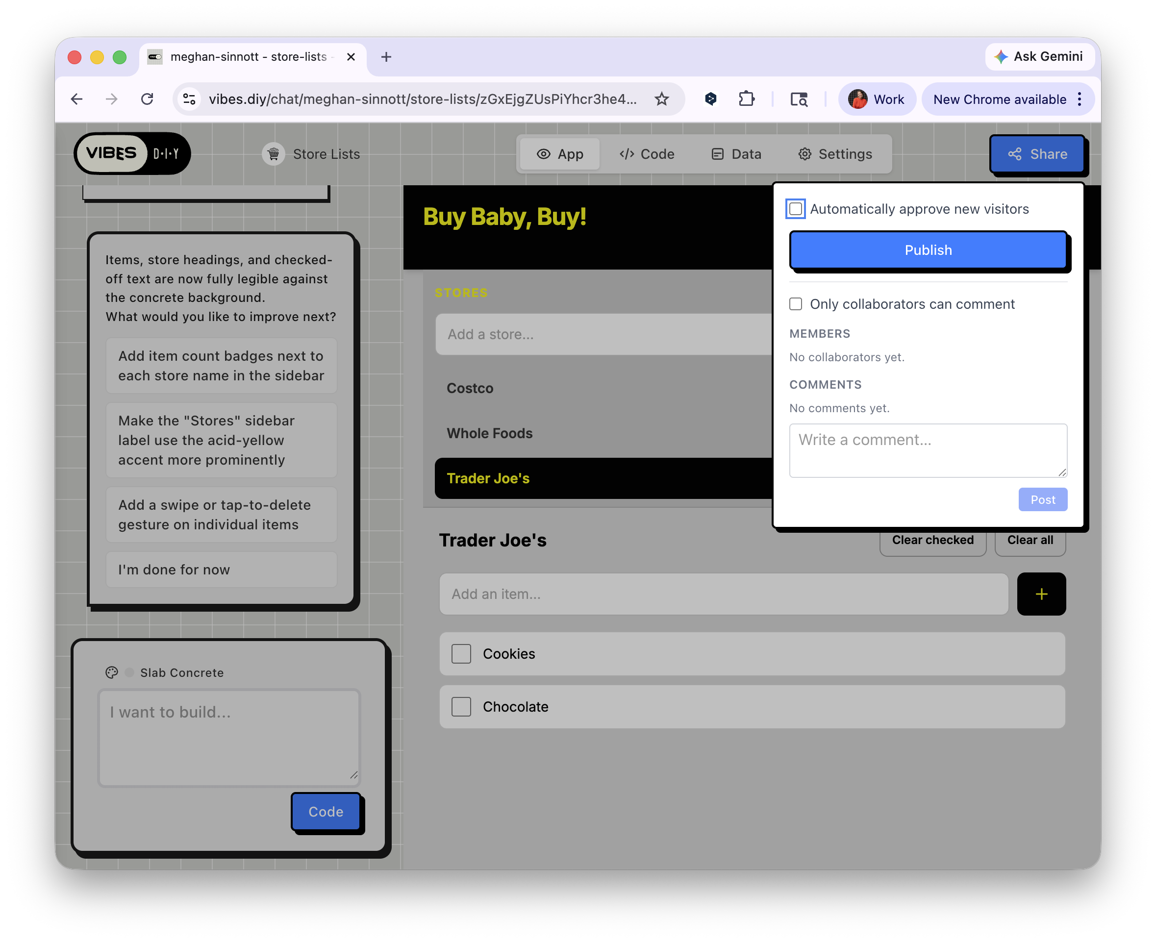 Share panel open with Publish button and visitor approval settings