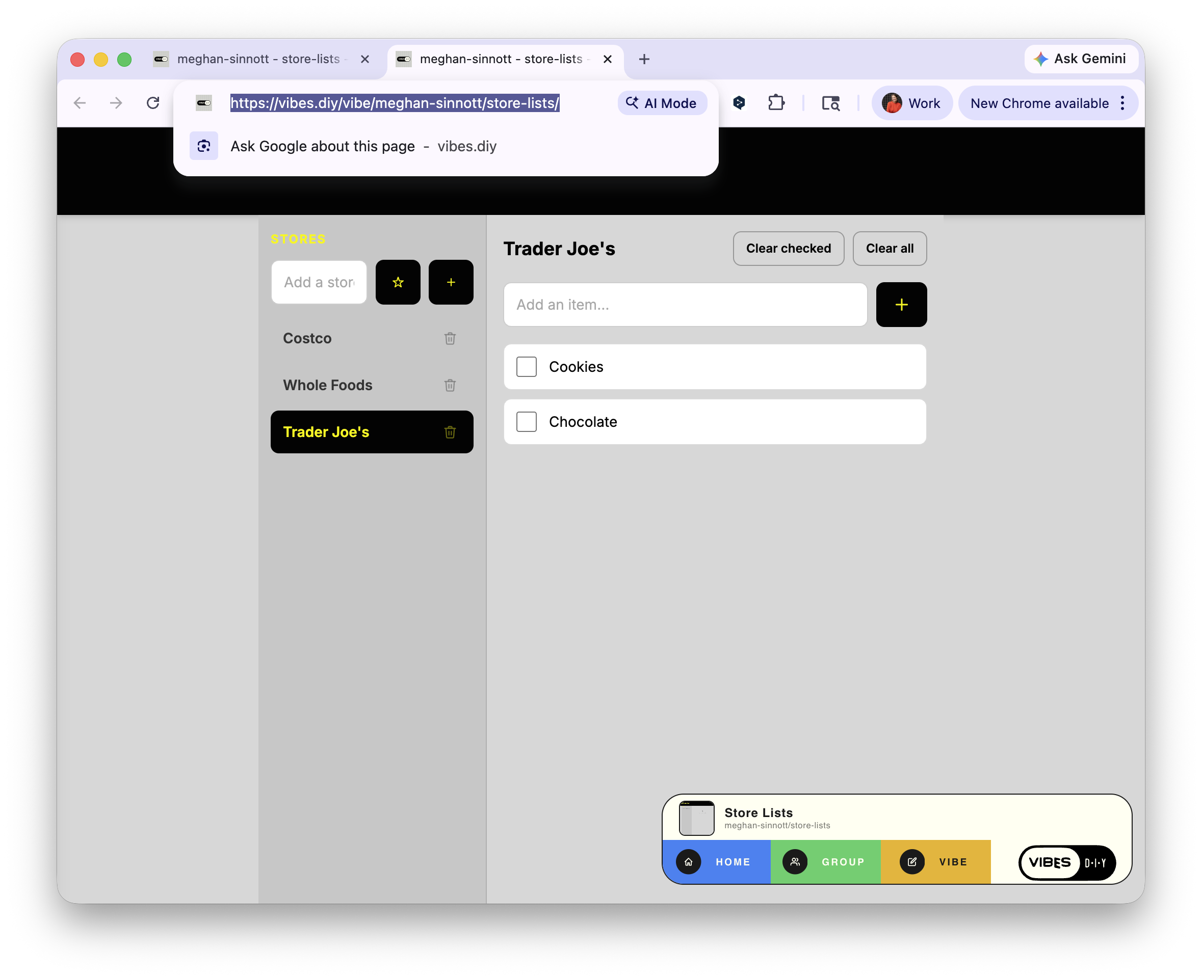 URL bar highlighted showing vibes.diy/vibe/meghan-sinnott/store-lists