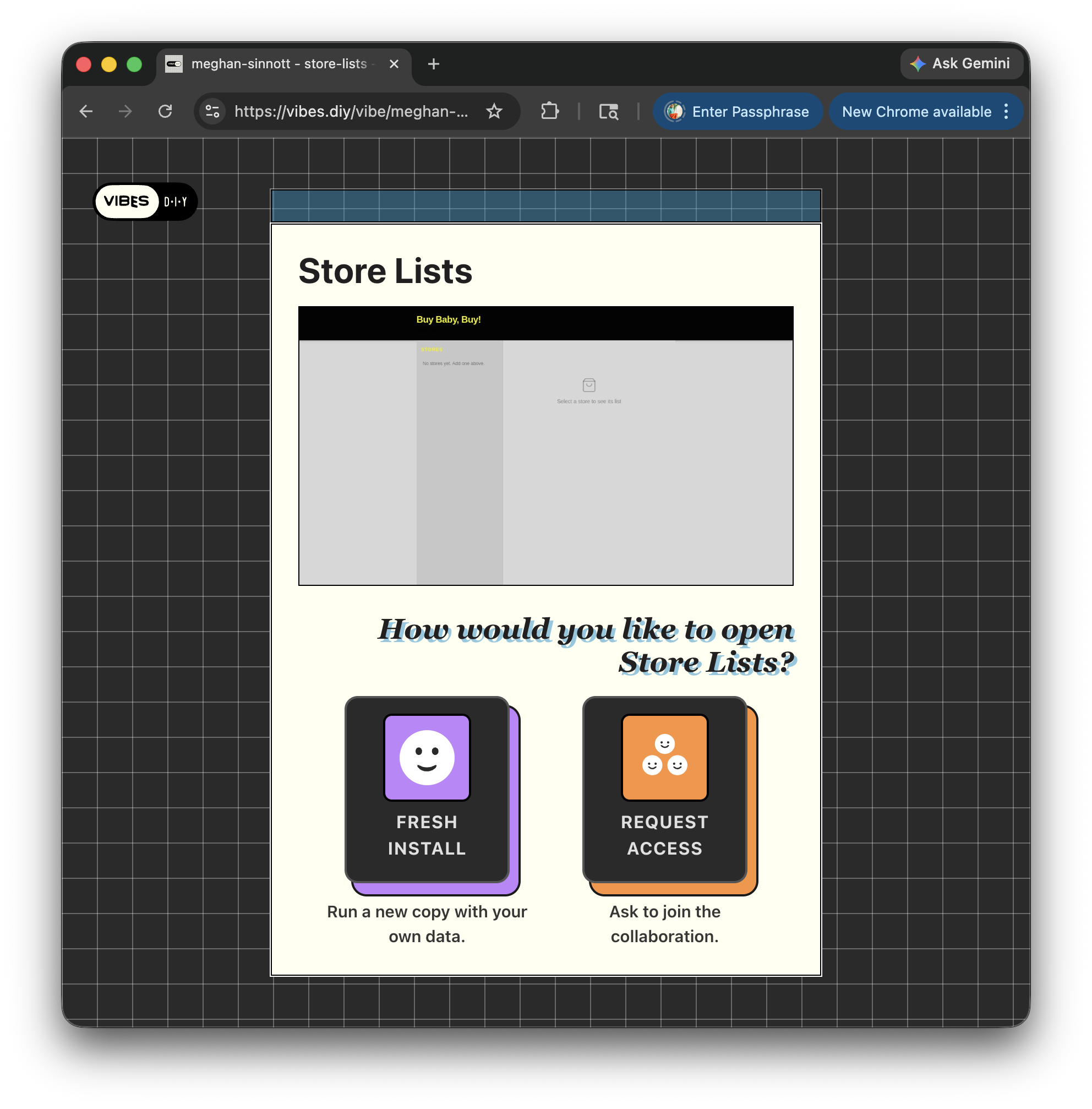 Landing page showing Fresh Install and Request Access options with a preview of the app