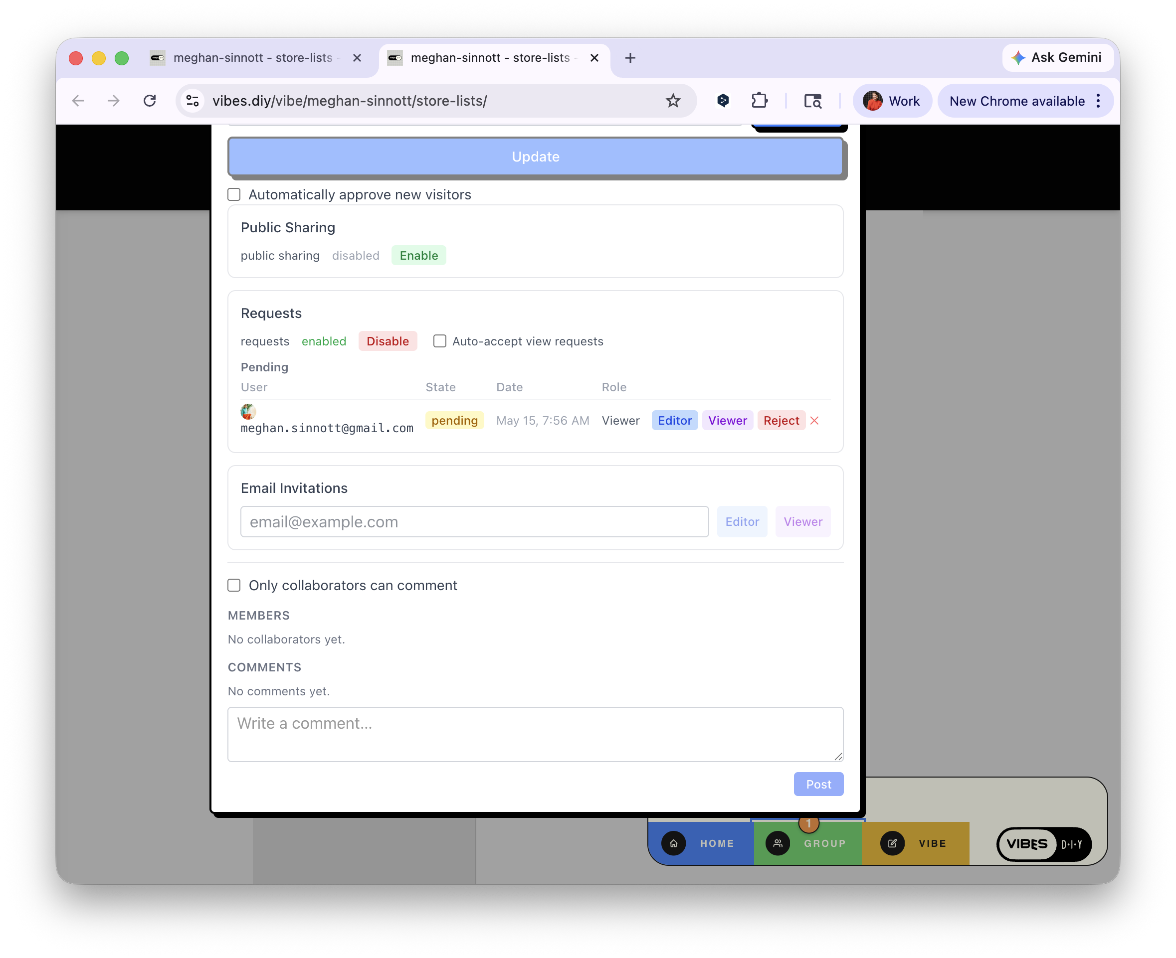 Share panel showing pending request from meghan.sinnott@gmail.com